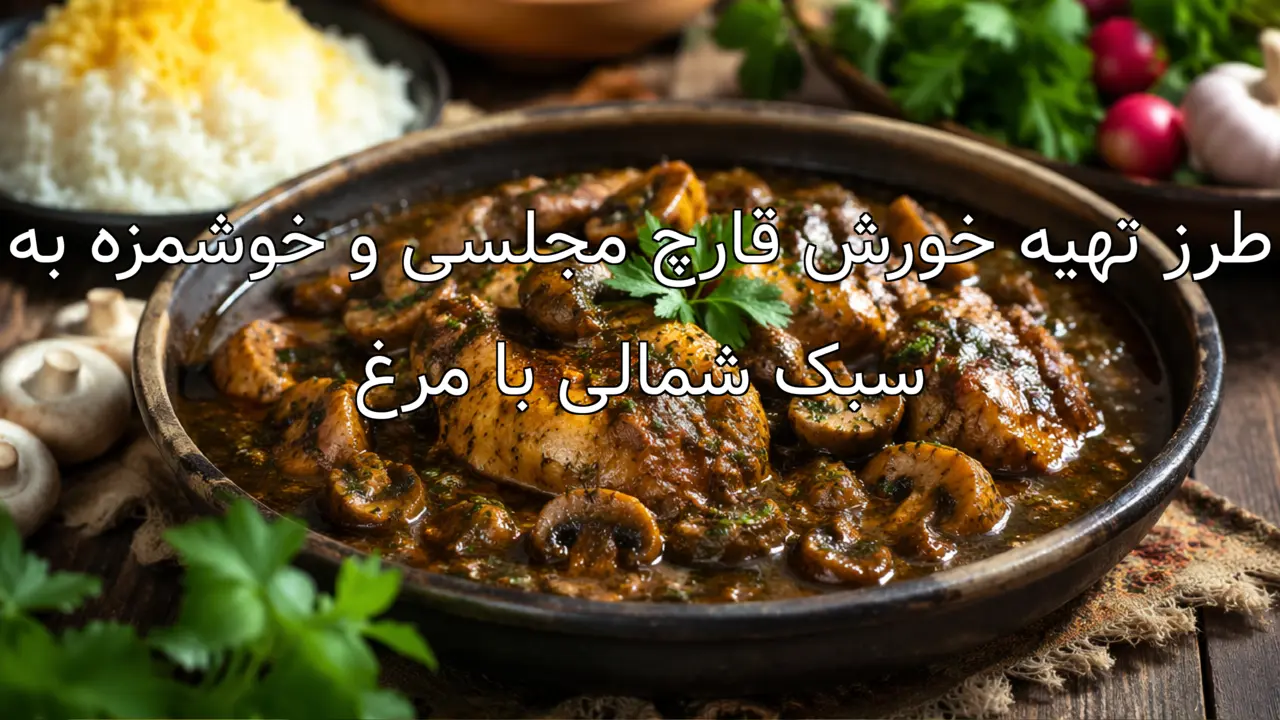 طرز تهیه خورش قارچ مجلسی و خوشمزه به سبک شمالی با مرغ